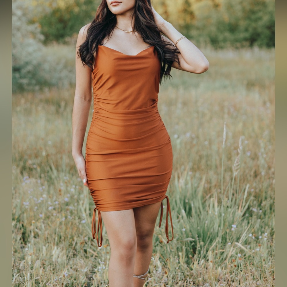 Rust cowl neck ruched sides with ties dress AVAILABLE IN SMALL MEDIUM & LARGE